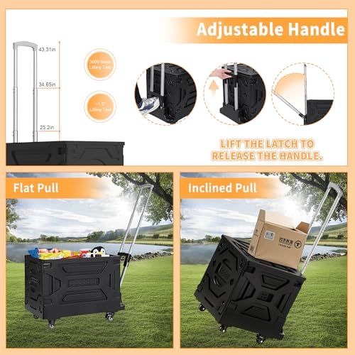 VECELO Foldable Shopping Cart with Wheels, Collapsible Rolling Crate for Groceries, Folding Storage Box with Handle, Three Modes of Use, Ideal for Teacher, Trip, Outdoors, Etc., 23GAL,Black