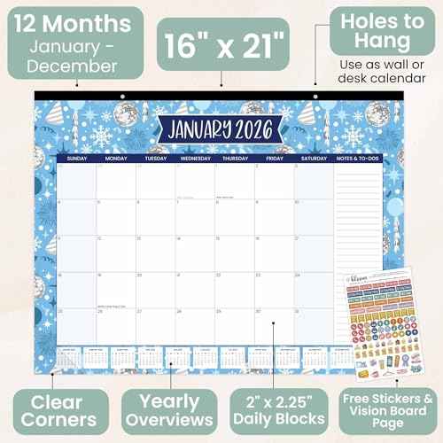 bloom daily planners 2026 Desk Calendar - January to December Large Wall Calendar - 21¡± x 16¡± Desktop & Hanging Monthly Planner with Stickers for Home or Office - Holiday Icons