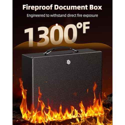 Uniclife Fireproof Document Box with Key Lock & Handle, 13" x 10.9" x 4.1", Large Lock Box for A4 Paper, Water-Resistant Safe Box for Valuables, Passports & Cash, Portable Security Metal Chest