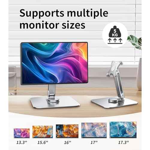 13-17.3" Monitor Stand with 360¡Æ Swivel Base, 75mm VESA Single-Arm Mount w/ M4 Screws for Portable Monitor, Adjustable Angle & Tilt & Rotation - Touchscreen Desktop Display Stand (Silver)
