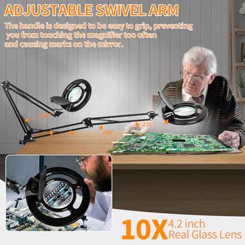 HITTI 10X Long Magnifying Glass with Light and Stand, 2200 Lumens Dimmable Bright LED Lighted Magnifier, Ajustable Swing Arm Magnifying Desk Lamp with Clamp, Hands Free for Hobby Repair Workbench