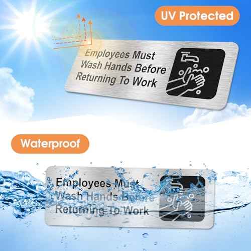 Faittoo Employees Must Wash Hands Before Returning to Work Sign, (4 Pack) Rust Free Brushed Aluminum Sign with Symbols, Self-adhesive, for Restaurant, Salons, Hotel, Rest Stops, Public Restrooms