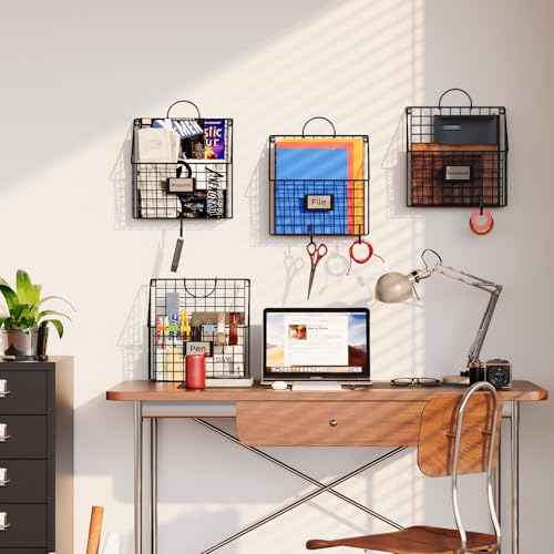 Hanging Wall File Holder Organizer Metal Wall Mount File Folders Holder Magazine Rack with Handles and Hooks , for Home Office, 4 Packs, Black (Patent Pending)