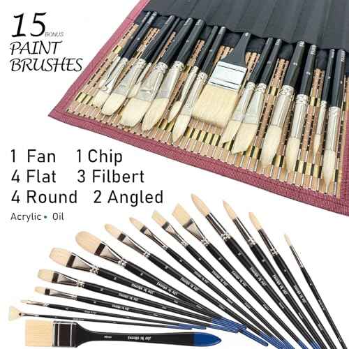Falling in Art Natural Bristle Professional Paintbrush Set, 15PCS Long Handled Paint Brushes for Acrylic Painting, Oil Paint Brushes with Bamboo Storage Pouch