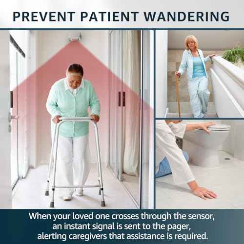 Bed Alarm Caregiver Pager with 2 Wireless Motion Sensors Alarm Indoor Fall Prevention for Elderly Monitoring Seniors Dementia Patients Seniors Home Door Chime