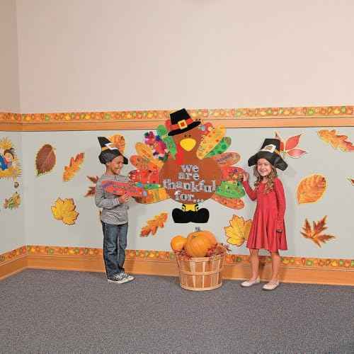 Fun Express DIY Turkey Bulletin Board Set - 26 Piece Thanksgiving Classroom Decorations for Fall - 3 Feet Tall Interactive Display with Customizable Feathers | Perfect for Preschool
