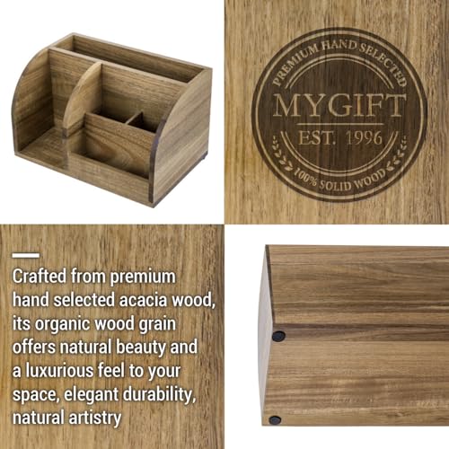 MyGift Premium Acacia Solid Wood Desk Organizer, Rustic Wooden Office Supplies Table Caddy with Mail Sorter, Sticky Note Holder, 2 Slot Pen Storage, and Accessories Tray
