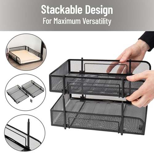 Mind Reader Stackable Paper Tray, Desktop Organizer, File Storage, Office, Metal Mesh, 2 Pcs, Black