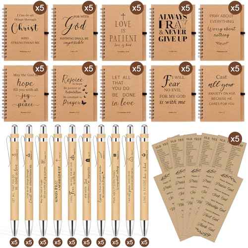 NEOACT 150 Pcs/50 Set Christian Gifts Bulk,Spiral Notebook with Bible Ballpoint Pen and Christian Bookmark,Prayer Journal Christmas Gifts for Staffs Coworkers Teachers Church Members & Pastor