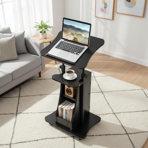 Tangkula Mobile Lectern Podium with Tilt-Top Laptop Cart, Black 20 x 16 x 44
