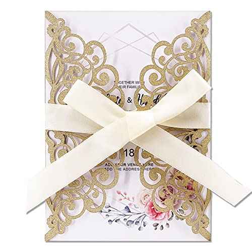 50Pcs Laser Cut Wedding Invitation With Glitter Envelopes And Ribbons Blank Personalized Card Invitaciones Para quincea?era Birthday Baby Shower Christmas Party Bridal Shower (Gold)