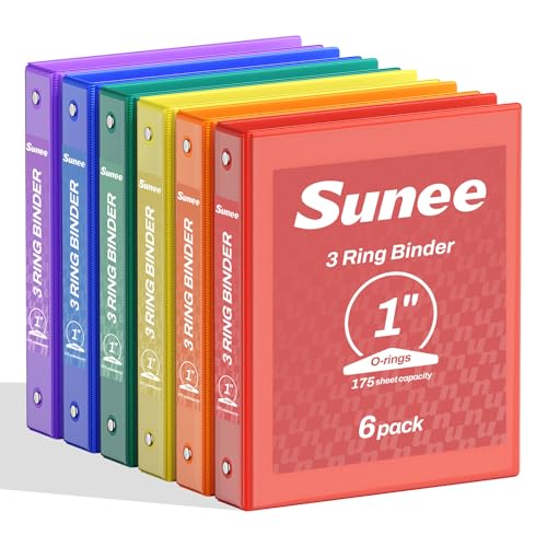 SUNEE 1 Inch 3 Ring Binders 6 Pack - Classic Assortment, Clear View, PVC-Free, 8.5x11 Inches for School & Office