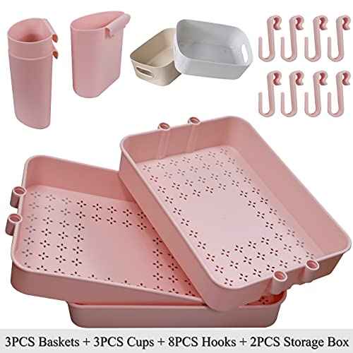 3 Tier Utility Rolling Cart Storage Organizer Shelf Rack with 3PCS Hanging Cups + 8PCS Hooks + 2PCS Storage Box for Home Office Kitchen Bathroom (Pink 3 Cup+8 Hook+2 Storage Box)
