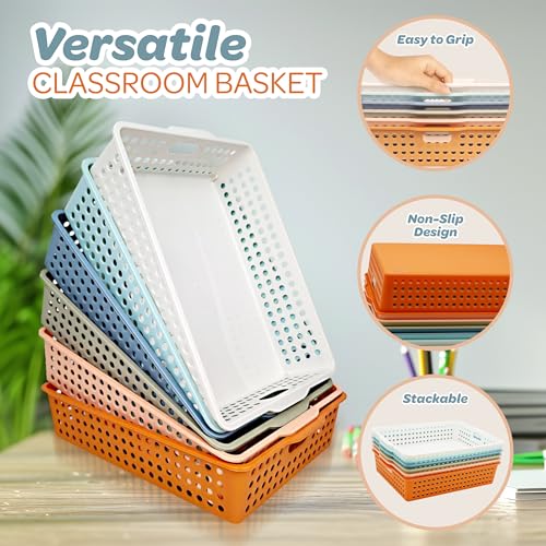 Classroom Paper Baskets Set of 6 - Boho Color Plastic Organizer Trays for Teachers & Students