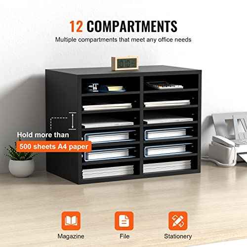 VEVOR Literature Organizers, 12 Compartments Office Mailbox with Adjustable Shelves£¬Wood Literature sorter 20.4x12x16.1 inches for Office, Home, Classroom, Mailrooms Organization, EPA Certified Black