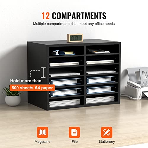 VEVOR Black 12-Compartment Wooden Literature Organizer with Adjustable Shelves