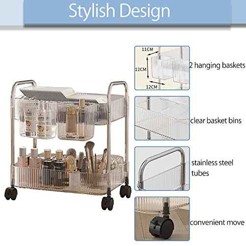 2-Tier Utility Rolling Cart Storage Organizer Sofa Side Table with Wheels, Under Desk Mobile Trolley Organizer with Handle and 2 Hanging Baskets for Office Home Kitchen Organization, Transparent