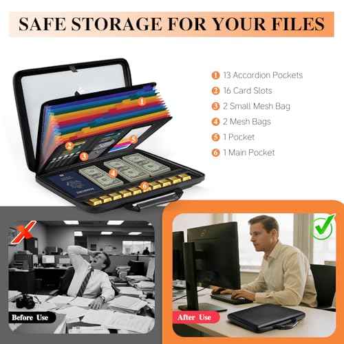 Fireproof Document Box File Organizer: Hard-Shell Case Fireproof Waterproof Box with Lock & 13 Pocket Accordion File Folder - Portable Home Office Travel Safe Storage for Important Documents and Files