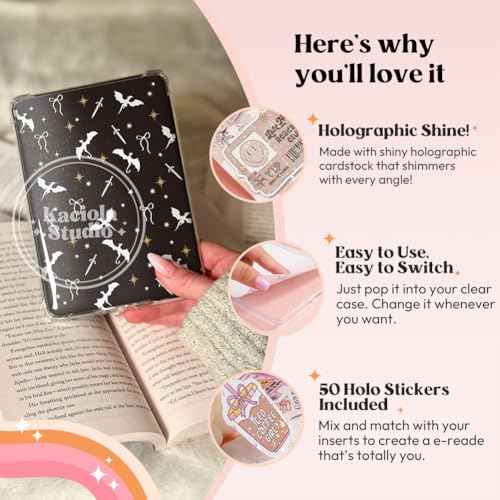 Kaciola 12PCS Inserts Cardstock for E-Reader, 50PCS Stickers for Clear Case Insert, 6.9"x4.8" Fantasy Theme Inserts Compatible with Paper White 11th-12th Gen, E-Reader Gift for Booklover Reader
