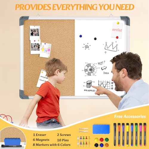White Board Cork Board Combo, 24¡¿18 inch for Office, Home, School, Vision Board, Pin Bulletin, Markers, Eraser, Magnets, Pins (Horizontal)