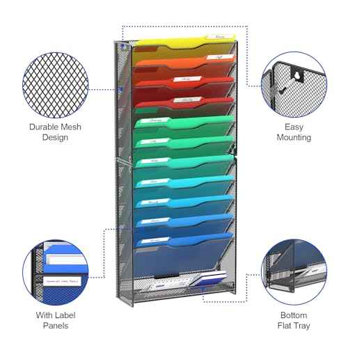 samstar 12 Tier Wall File Organizer, Hanging Wall Mount File Holder Paper Folder Mail Organizer, Mesh Metal, Black.