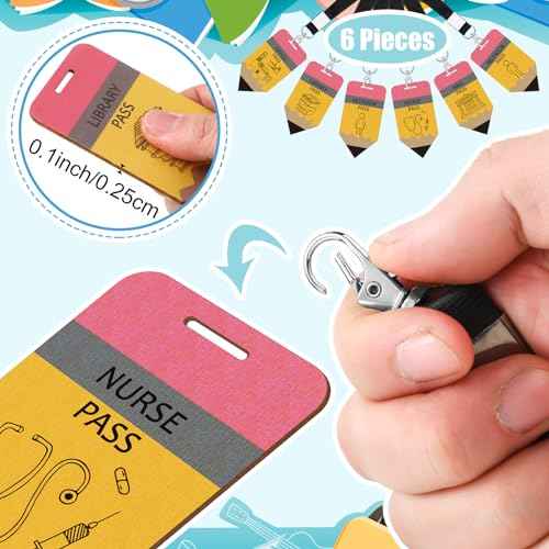 Sabary 6 Sets Hall Pass Lanyards and School Passes Set for Classrooms Wooden Bathroom Classroom Must Haves for Restroom, Library, Office and Nurse School Teacher Supplies Gift(Classic,Pencil)
