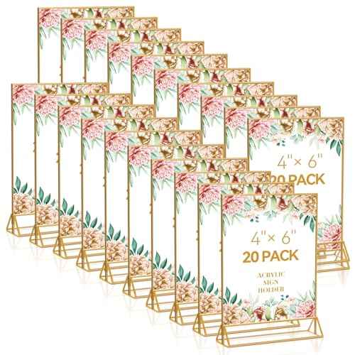 20PCS Acrylic Sign Holder, 4x6 Double Sided Gold Picture Frame Clear Wedding Table Numbers for Party, Restaurant Sign, Menu, Photo