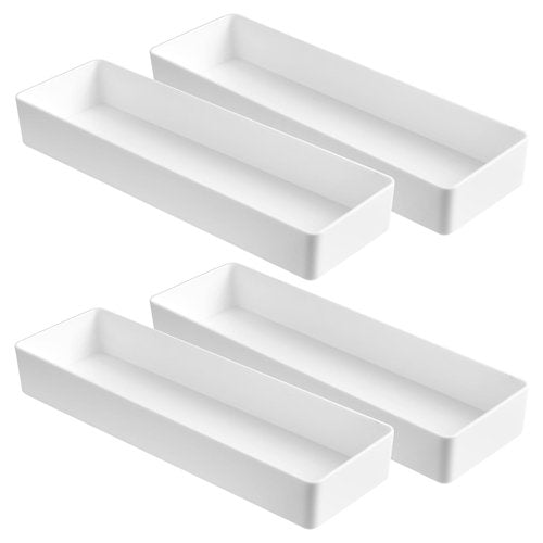 4 Pack Plastic Drawer Organizer 9.5 x 3 x 1.4 Inch Tabletop Organizer Tray Stationery Holder White Half Accessory Tray Stackable Storage Container for Vanity Office Home Utensils Gadgets Shelf Kitchen