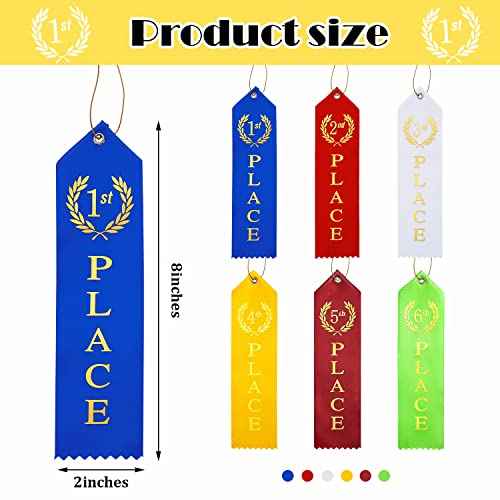Kenning 180 Pcs Swimming Gymnastics Track Award Ribbon Award Ribbons 1st to 6th Place Flat Carded Set First Place Prizes with Card and Rope Award Ribbon Organizer Contest Award Ribbons, 6 Color