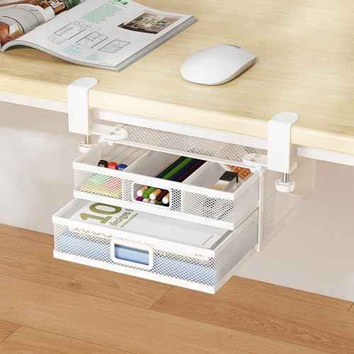 Sliding Under Desk Drawer Organizer No Drilling 2 Drawers Slide Out Desktop Or Under Table Storage Metal Clamp On Desk Drawer Attachment Anti-Slip Desktop Organizer for Home & Office, White