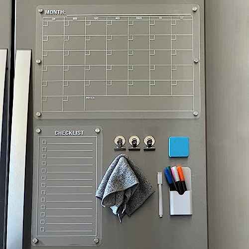 Magnetic Acrylic Calendar for Fridge Set - Magnetic Fridge Calendar Dry Erase Planner with Checklist Planning Board - Refrigerator Weekly Monthly Acrylic Whiteboard with Markers & Microfiber Cloth