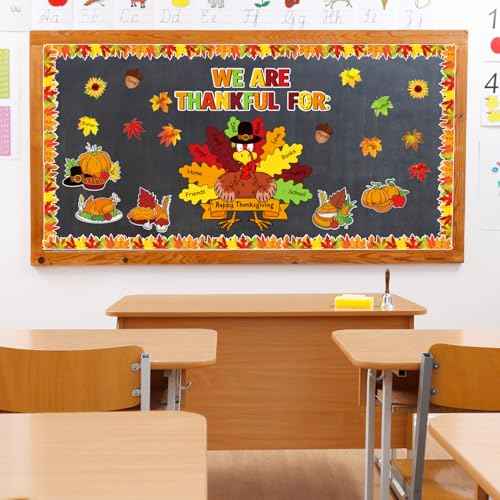 Thanksgiving Bulletin Board Decorations, 56pcs November Turkey Bulletin Board Decorations, We Are Thankful for Bulletin Boards, Fall Pumpkin Leaves Cutouts for Harvest Classroom Wall Supplies