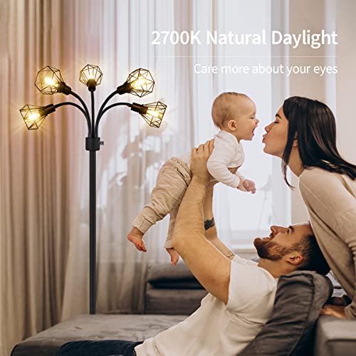 Floor Lamp, Industrial Floor Lamps for Living Room,Tree Standing Lamp Bright with 5 Charm Diamond Head 2000 Lumens Edison Bulbs LED,3 Way Switch,Modern Stand up Lamp for Bedroom Office Farmhouse