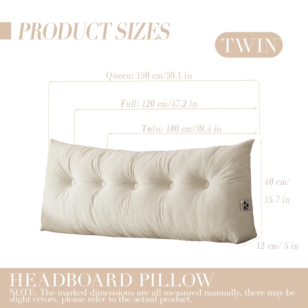 cnsmak Triangular Wedge Headboard Pillows Twin XL Dorm Headboard Long Backrest Positioning Support Reading Bolster Pillow Side Pockets Wedge Pillow College Dorm Room Essentials Bed Bedroom Decor White