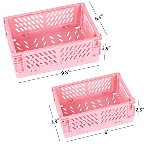 Tixill 2-Pack Mini Foldable Plastic Baskets for Organizing and Storage, Collapsible Storage Crate for Home Kitchen Bedroom Bathroom Office (5.9x3.8x2.2, Pink)