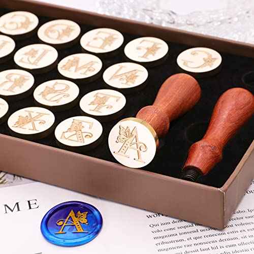 SWANGSA Initial Alphabet Wax Seal Stamp Kit, Vintage Butterfly 26 Letters A-Z Sealing Stamp with 2pcs Wooden Handles Gift Kit for Wedding Party Invitation, Gift Wrap, Christmas Card