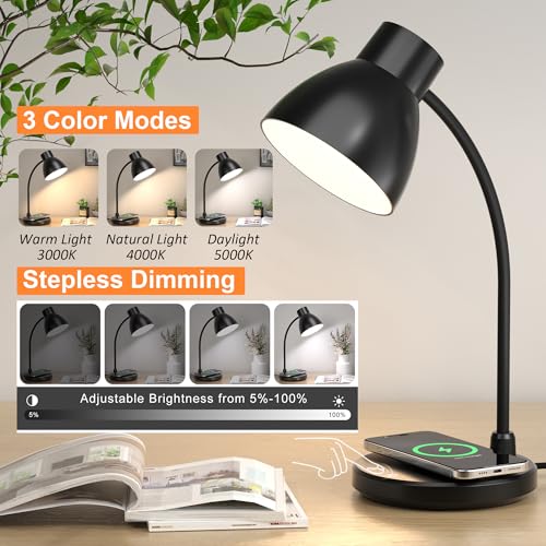 Vicsoon Black LED Desk Lamp with Wireless Charger, Dimmable Office Light