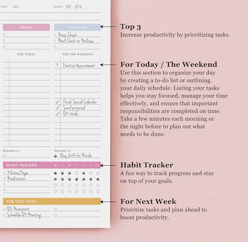 ThreeKin 8.5 x 11 Colorful Weekly Planner Tear-Off Notepad - Premium 52 Sheets, Undated, For Work, School & Projects, USA Owned