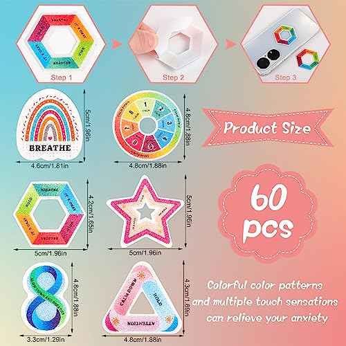60 Pcs Anxiety Sensory Stickers, Reusable Textured Stickers Adhesive Mindfulness Fidget Sticker Calming Breathing Sticker for Kids & Adults