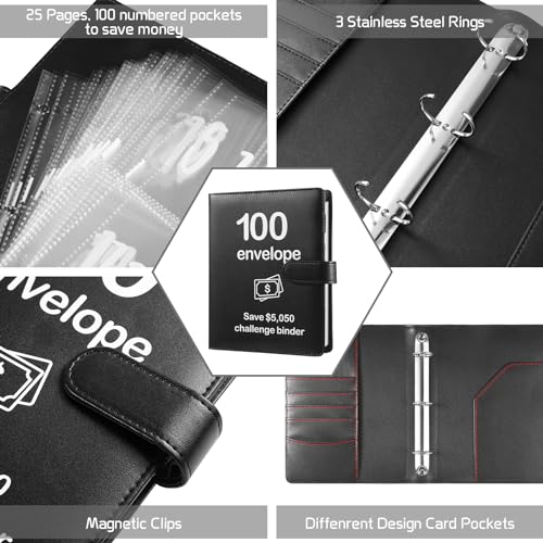 Magnetic Black Money Saving Challenge Binder with Laminated Tracker & Cash Envelopes
