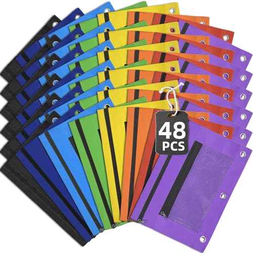 48 Pack Pencil Pouch for 3 Ring Binder Mesh Zipper Pencil Case Assorted Colors Pencil Bag Binder Pouches Pen Zipper Pouch for School Office Writing Utensils Storage Supplies, 8 Colors