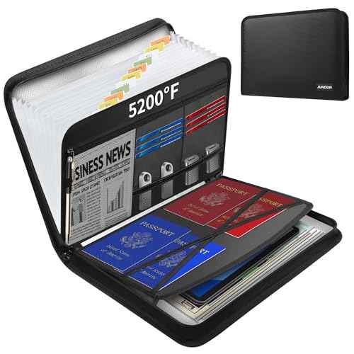 JUNDUN 5200¢µ Fireproof Document Organizer, Multi-Pockets Accordion File Organizer with Zipper & Labels, Upgraded Heat Insulated 13 Pockets Expanding File Folder for Letter A4 Files and More