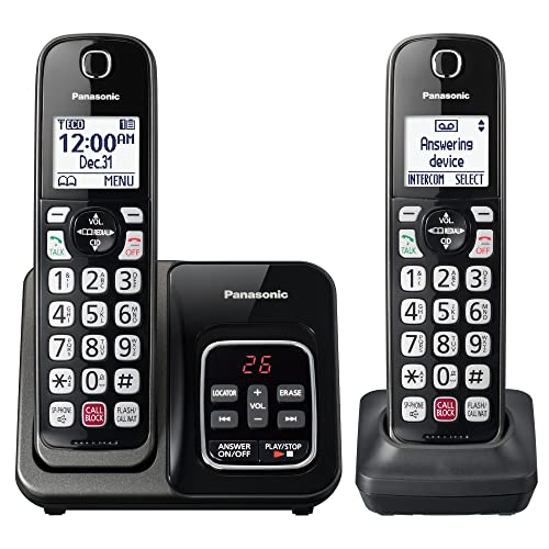 Panasonic Cordless Phone with Answering Machine and 2 Black Handsets - Reliable Landline System