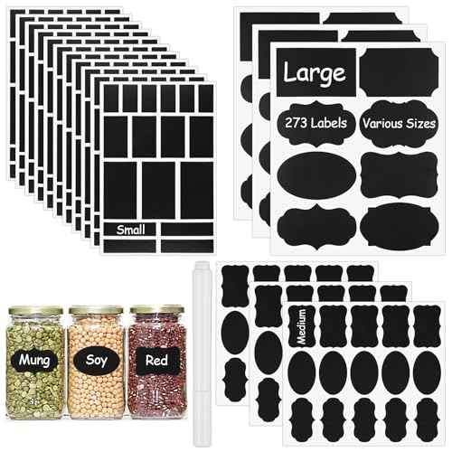 273 Pcs Labels for Jars, Waterproof Reusable Chalkboard Labels for Food Containers, Bottles, Blackboard Stickers with 1 Erasable Chalk Marker (Black)