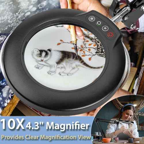 Drdefi 10X Magnifying Glass with Light and Stand, 2-in-1 Magnifying Desk Lamp Rectangular Base & Clamp, 5 Color Modes Stepless Dimmable, LED Lighted Magnifier Hands Free for Painting Sewing Craft