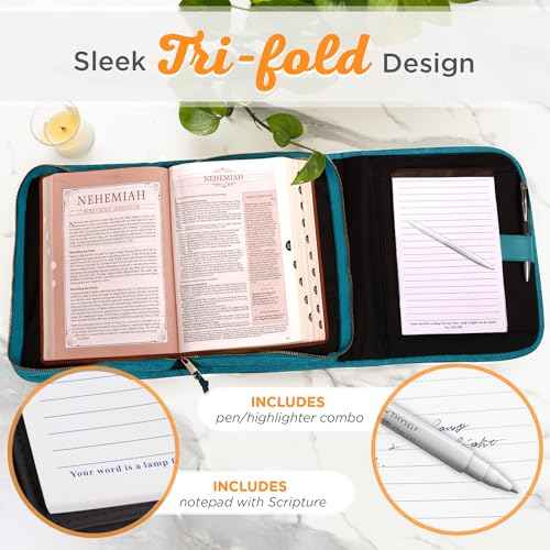 Christian Art Gifts Faith Badge Floral Women's Tri-Fold Organizer Bible Cover Zipper Closure, Teal Canvas, Large