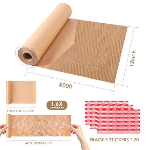 Honeycomb Packing Paper 12"Wx800'L-Bubble Wrap Substitute Alternative for Shipping, Moving Supplies, Small Business Packaging, Packing Boxes & Gifts Wrapping Paper with 20 Fragile Stickers