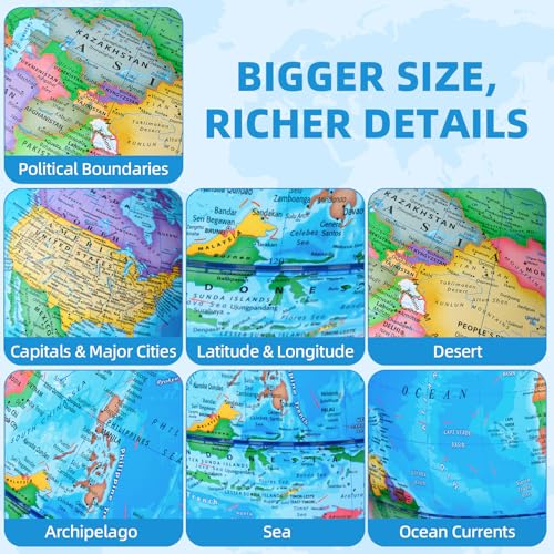 Blue 13-Inch World Globe with Metal Stand - HD Political Map for Learning & Decor