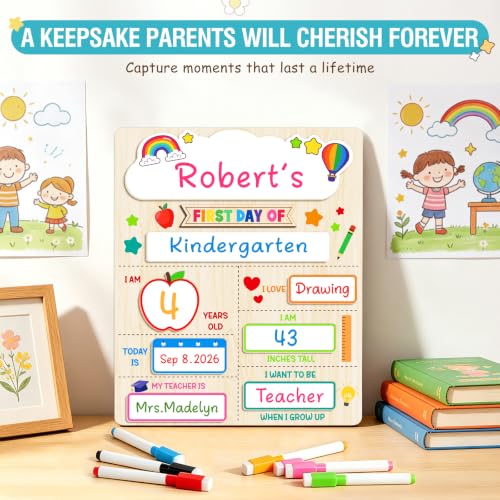 First Day of School Sign Board with 6 Markers - Reusable Wooden Chalkboard for Kids, Kindergarten & Preschool