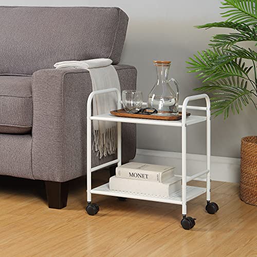SunnyPoint 2-Tier Metal Rolling Utility Cart ? Mobile Storage Shelf with Caster Wheels ? Small Space Organizer for Home, Office, Bedroom, Kitchen (WHT)